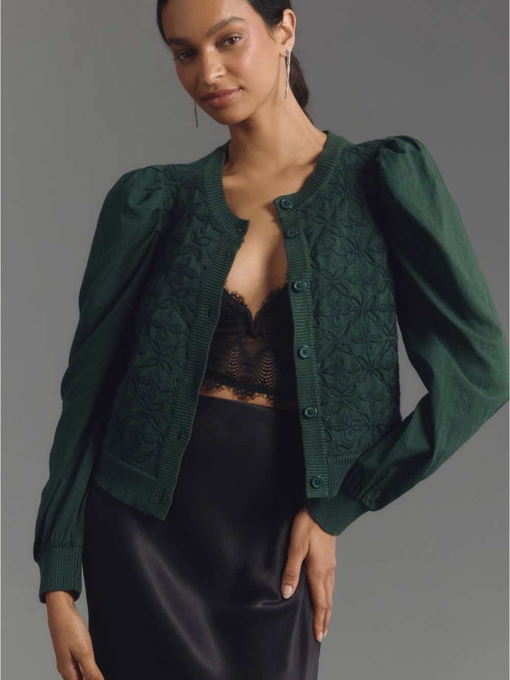 By Anthropologie Mixed Media Dark Green Knit Cardigan
